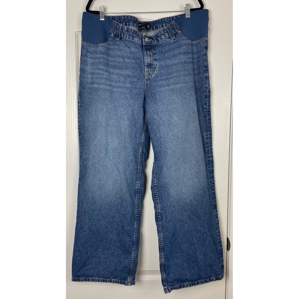 ASOS Design Maternity Wide Leg Jeans Blue Med Wash Under Bump Sz 14 Elastic Side